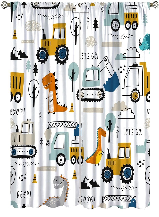 AAVEUP Kids Dinosaur Truck Curtains, Cartoon White Engineering Construction Truck Tractor Excavator Window Treatments Drapes for Boys Nursery Childcare Bedroom Bathroom 42x45in（No Blackout） - Image 1